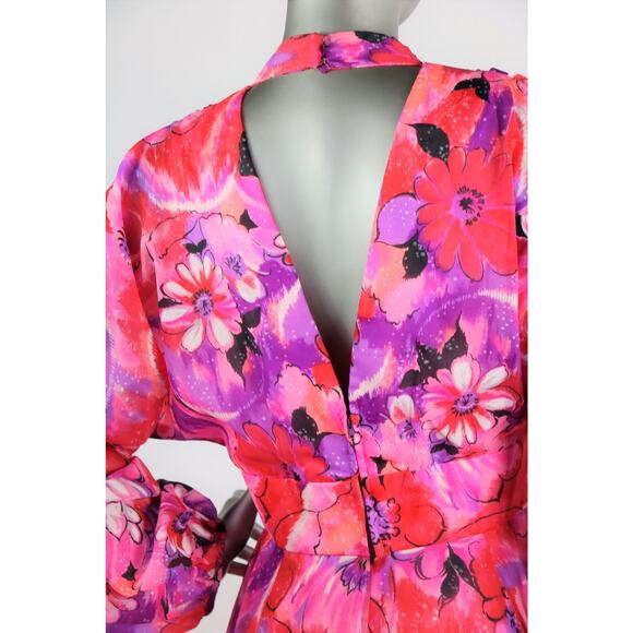 Vintage 1970s Red Pink Purple Chiffon Floral with Keyhole Cutout Small - Picture 9 of 10